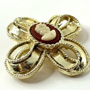 Cameo Brooch Pin Ribbon Cross Design Gold Tone